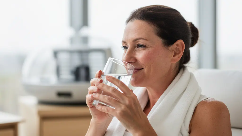 Femme buvant de l'eau après une séance de dôme infrarouge en institut bien-être