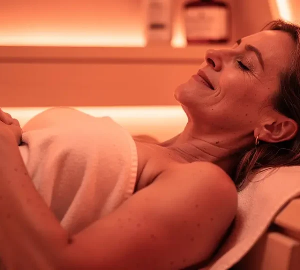 Femme détendue dans un dôme infrarouge lors d'une séance bien-être en institut