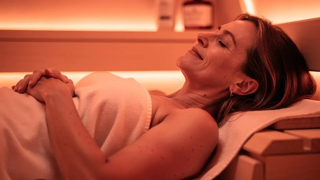 Femme détendue dans un dôme infrarouge lors d'une séance bien-être en institut