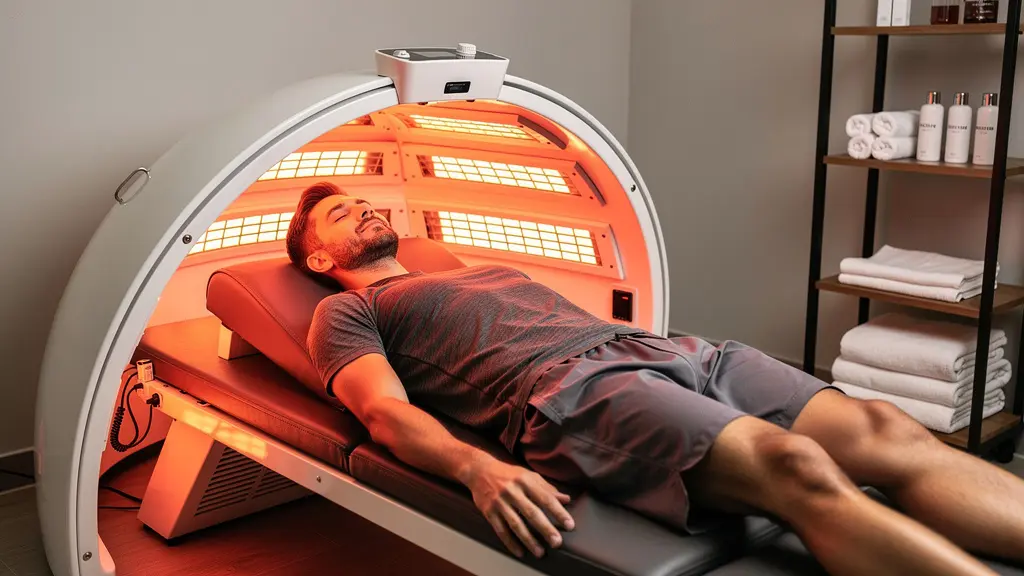 Homme sportif utilisant un dôme infrarouge pour la récupération musculaire